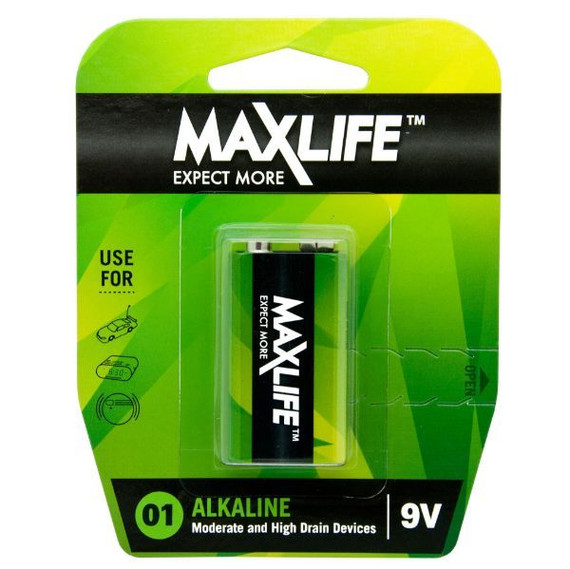 MAXLIFE 9V Alkaline Battery 1 Pack Long Lasting Alkaline Formula. Designed For Everyday and High Drainage Devices. Long Shelf Life. No Mercury or Cadmium.