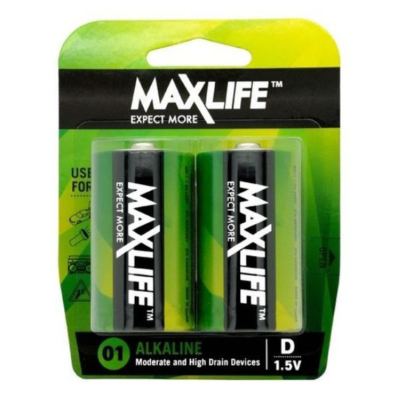 MAXLIFE D Alkaline Battery 2 Pack Long Lasting Alkaline Formula. Designed For Everyday and High Drainage Devices. Long Shelf Life. No Mercury or Cadmium.