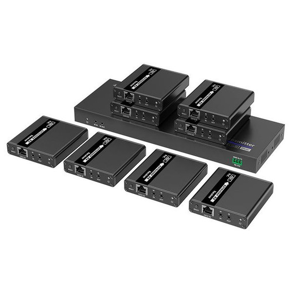 LENKENG 1-In-8-Out 4K@30Hz HDMI Extender. 1x HDMI in & 8x RJ45 out. Compatible with CAT6/6a/7 Cables - Transmit up to 70m - Plug & Play - Wall-mountable - Supports EDID - Includes 1x Transmitter & 8x Rx.