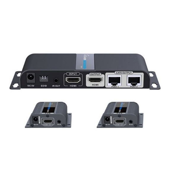 LENKENG 1-In-2-Out 1080P HDMI Extender. 1x HDMI in & 2x RJ45 out. Compatible with CAT6/6a/7 Cables - Transmit up to 40m - Plug & Play - Wall-mountable - Supports EDID - Includes 1x Transmitter & 2x Rx.