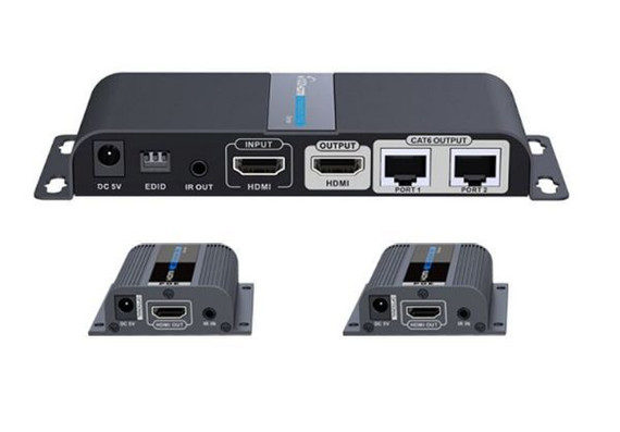LENKENG 1-In-2-Out 1080P HDMI Extender. 1x HDMI in & 2x RJ45 out. Compatible with CAT6/6a/7 Cables - Transmit up to 40m - Plug & Play - Wall-mountable - Supports EDID - Includes 1x Transmitter & 2x Rx.