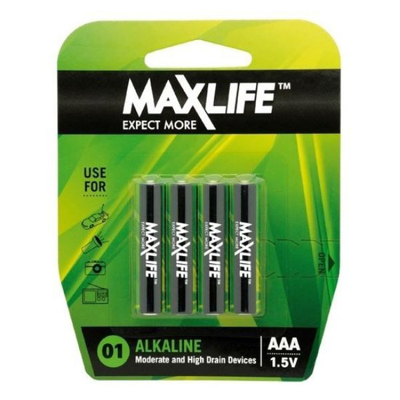 MAXLIFE AAA Alkaline Battery 4 Pack Long Lasting Alkaline Formula. Designed For Everyday and High Drainage Devices. Long Shelf Life. No Mercury or Cadmium.