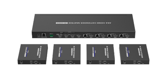 LENKENG 4x4 HDMI Extender Kit Matrix Switch. Includes 1x 4-Port Transmitter & 4x Recievers. Supports PoC - Supports Res 4K@60Hz up to 70m. Remote. **Not Suitable for Cat5e Cable**
