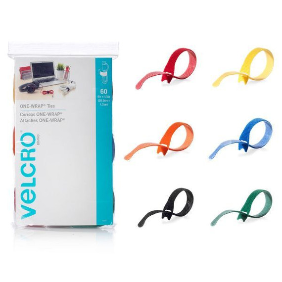 VELCRO One-Wrap 203mm x 12m Multicolour Pre-Cut Cable Ties. 60 Piece Pack (10 Ties Per Colour) Red - Yellow - Orange - Blue - Black - Green. Self Gripping Super-strong with Easy-to-undo Design.