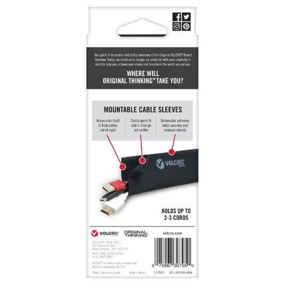 VELCRO Mountable Cable Sleeves. Mount Electrical Cords out of Sight Easy to Add or Change Cables. Removable Adhesive. Under Desk Management Solution. 203x120mm. 2x Sleeve Pack. Black Colour.