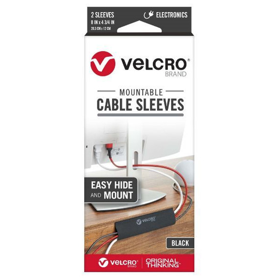 VELCRO Mountable Cable Sleeves. Mount Electrical Cords out of Sight Easy to Add or Change Cables. Removable Adhesive. Under Desk Management Solution. 203x120mm. 2x Sleeve Pack. Black Colour.