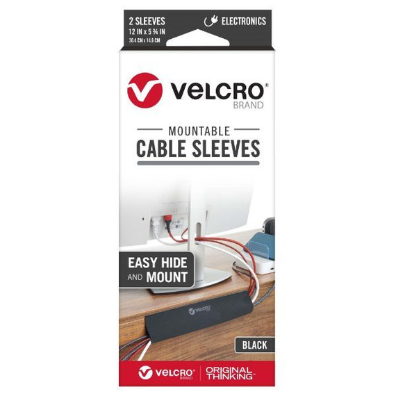 VELCRO Mountable Cable Sleeves. Mount Electrical Cords out of Sight Easy to Add or Change Cables. Removable Adhesive. Under Desk Management Solution. 304x146mm. 2x Sleeve Pack. Black Colour.