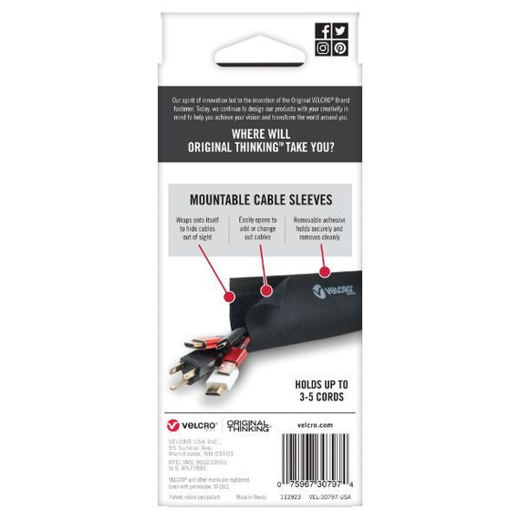 VELCRO Mountable Cable Sleeves. Mount Electrical Cords out of Sight Easy to Add or Change Cables. Removable Adhesive. Under Desk Management Solution. 304x146mm. 2x Sleeve Pack. Black Colour.