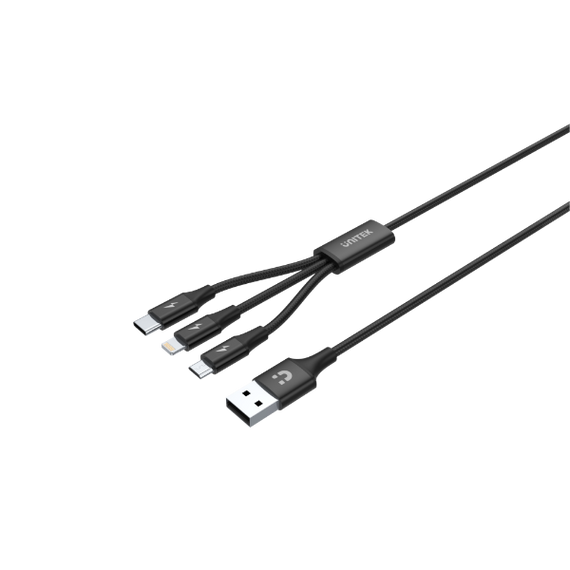 UNITEK 1.2m USB 3-in-1 Charge Cable. Integrated USB-A to Micro-B - Lightning Connector & USB-C Connector. Black Colour.