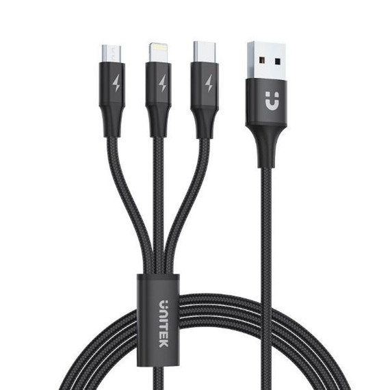 UNITEK 1.2m USB 3-in-1 Charge Cable. Integrated USB-A to Micro-B - Lightning Connector & USB-C Connector. Black Colour.