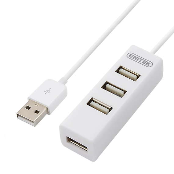 UNITEK USB-A 2.0 4-Port Hub. Plug & play. Backward compatible with USB1.1. Supports data transfer up to 480Mbps. White Colour.