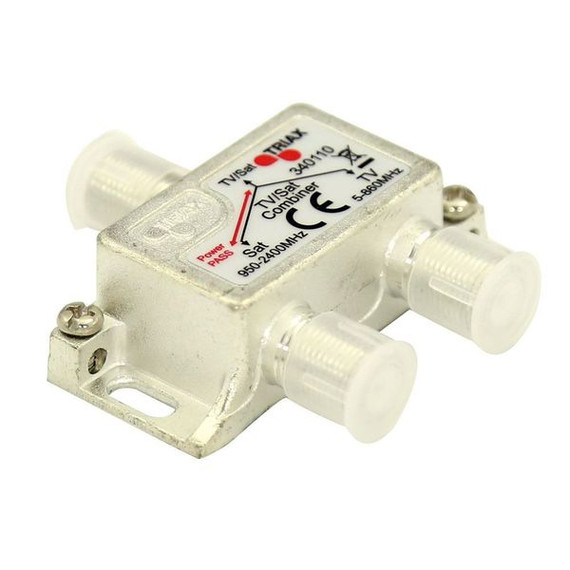 TRIAX Satellite Terrestrial Combine /Diplexer. VHF/UHF and satellite inputs. Power pass on satellite input. F-connectors. TV input range: 5~860MHz. Sat input range: 950~2400MHz. TRIAX Satellite Terrestrial Combine /Diplexer. VHF/UHF and satellite inputs. Power pass on satellite input. F-connectors. TV input range: 5~860MHz. Sat input range: 950~2400MHz.