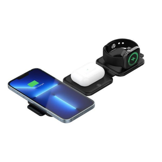 UNITEK 15W Travel MagCharge 3-in-1 Qi Wireless Foldable Phone Charger. Small Flexible & Portable. Wireless Charge Qi Phone, Watch, & Airpods. Converts in to Stand. Includes 1m Cable. USB-C Input. Black Colour. P1223A