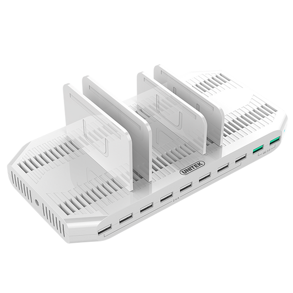 UNITEK 10 Port USB Smart Charging Station (8 Port 2.4A USB-A + 2x Port QC 3.0 USB-A). Max Power: 90W . Rapid charging. Over-charge, over voltage, over heating and short circuit protection. Y-2190A