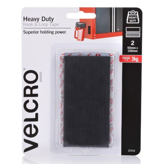 VELCRO Brand 50mm x 100mm Heavy Duty 2 Pack Hook & Loop Tape. Designed for Superior Holding Power up to 3kgs. Mess-free Alternative to Nails Screws & Epoxy. Black Colour