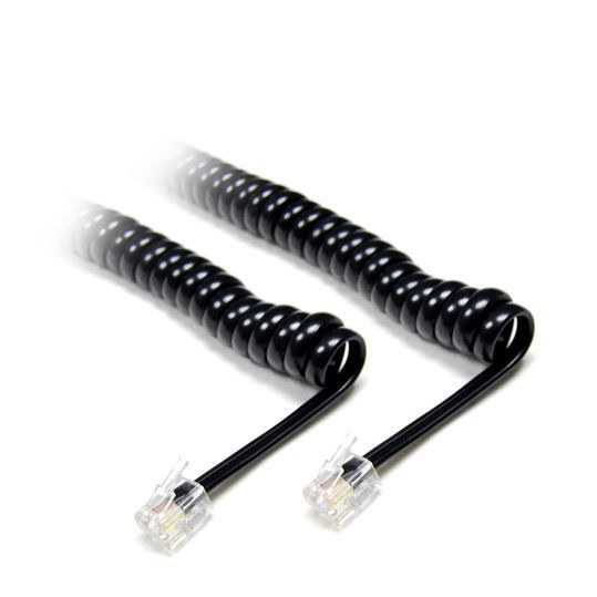 DYNAMIX Curly Handset Cord BLACK, 4 Wire RJ22 to RJ22 Cable. 370mm Coiled, 3m Stretched. Reverse (cross over) wired