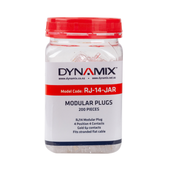 DYNAMIX RJ14 Plug 200pc Jar, 4P4C Modular Plug. 6 micron.