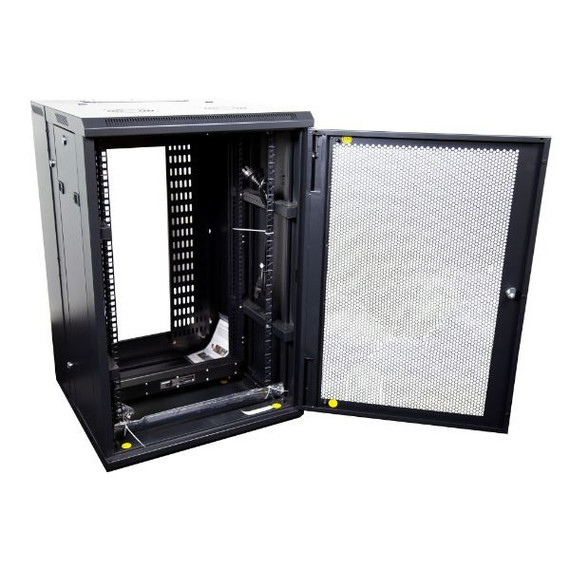 DYNAMIX 24RU 600mm Deep Universal Swing Wall Mount Cabinet. 200mm Removable Backmount. Supplied with 2 x Rear Vertical Cable Trays, 6 way PDU and 10 cage nuts. Mesh