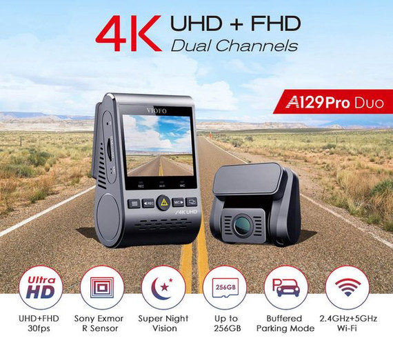 Viofo Dashcam 4K A129 Pro Duo Front + Hd 1080P Rear Dual Wifi Gps