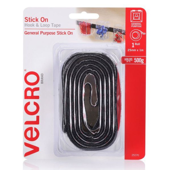 VELCRO Brand 25mm x 1m Stick On Hook & Loop Tape. Designed for General Purpose Simple and Mess-Free. Attach Light Weight Items up To 500g. Perfect for Art - Storage Boxes - Signs etc. Black