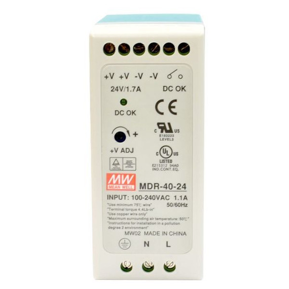 CTC UNION 24V/40W Din Rail Mount Power Supply with Short circuit - Overload & Over Voltage Protection. LED Indicator. -20C~70C. Input 85V~ 264V AC. Output 24V DC/1.7A/40.8W.