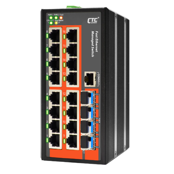 CTC UNION 16 Port Fast Ethernet Managed Switch.-10~60C. 16x 10/100Base-T(X) - + 4x 100/1000 Base-X SFP (Total 20x ports). Power consumption V DC/W:12/10.8 -24/10.6 - & 48/12.5. Dinmount kit incl.