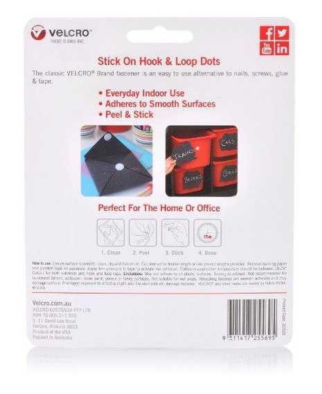 VELCRO Brand 22mm Stick On Hook & Loop Dots. Pack of 40. Designed for General Purpose Simple and Mess-Free. Attach Light Weight Items up To 500g. Perfect for Art -