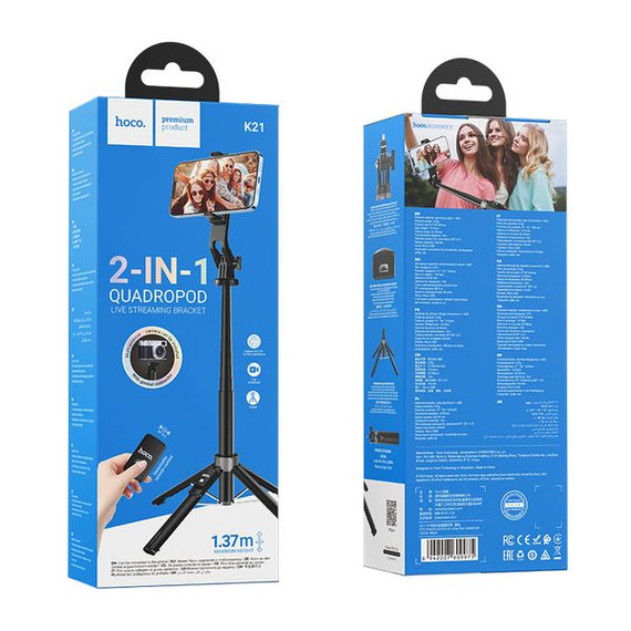 Hoco 2 in 1 Selfie Stick w/ Camera Mount  QuadPod  Remote (K21)