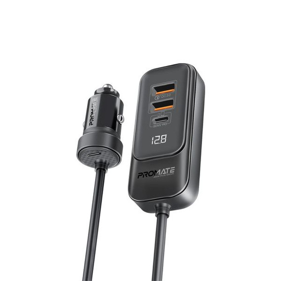 PROMATE 120W In-Car Device Charger with Backseat 3 Port Charging Hub. Includes 2x USB-C & 2x USB-A Ports. Supports 30W QC3.0. LED DIsplay, 1.5m Cable, Ultra Small & Compact. Charge 4x Devices Simultaneously.