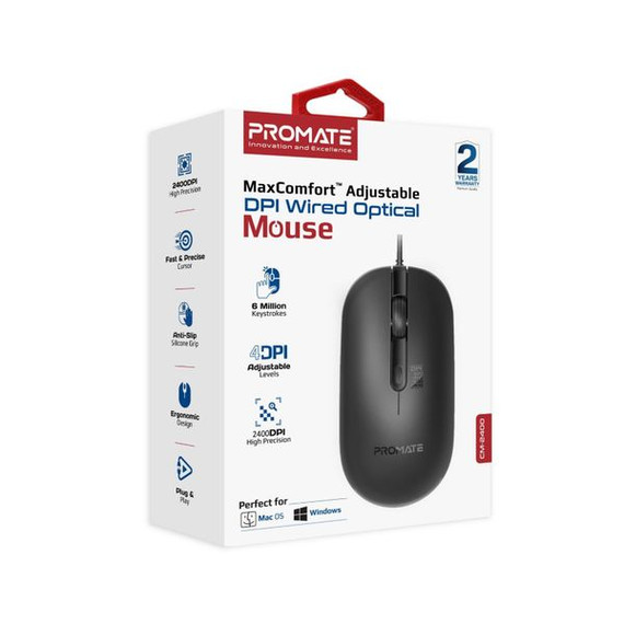 PROMATE 4-Button Wired Optical Mouse with 2400dpi. MaxComfort Adjustable DPI with up to 6  Million Keystrokes. Anti-Slip Silicone Grip. 1.5m Cable. Plug & Play. Ambidextrous Design. Black