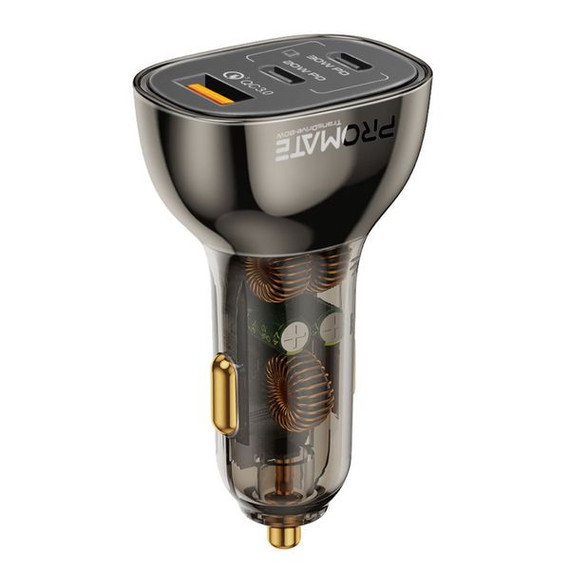 PROMATE 80W Quick Charging In-Car Adapter for Tablets & Smartphones. 30W & 20W PD USB-C Ports. Gold-Plated, Transparent Design, Dual USB-C Ports, Quick Charge (QC) USB-A Port, Charge 3x Devices.