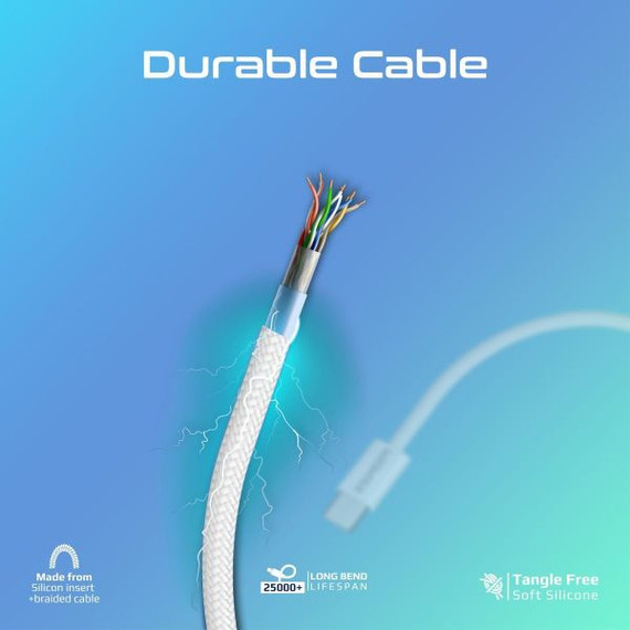 PROMATE 1.2m USB-C to USB-C Cable with Fabric Braided Cable. Supports 60W PD. 25000+ Bend Lifespan. Supports Data & Charge. Super Slim Connectors. White Colour 
