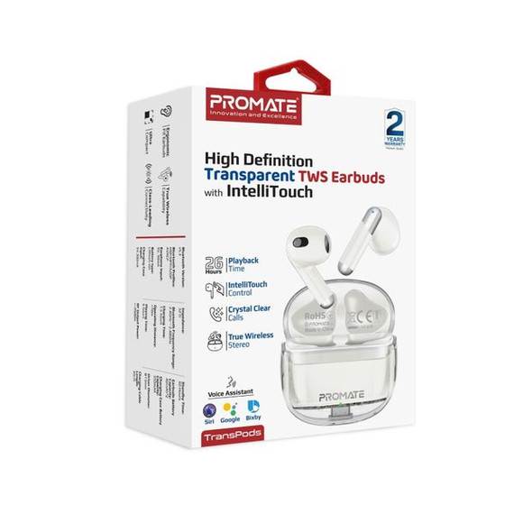 PROMATE In-Ear HD Bluetooth Earbud with Intellitouch & 300mAh Charging Case. Ergonomic Fit, up to 6-Hour Playback, 2x 40mAh Earphone Battery, Auto Pairing, White Colour 