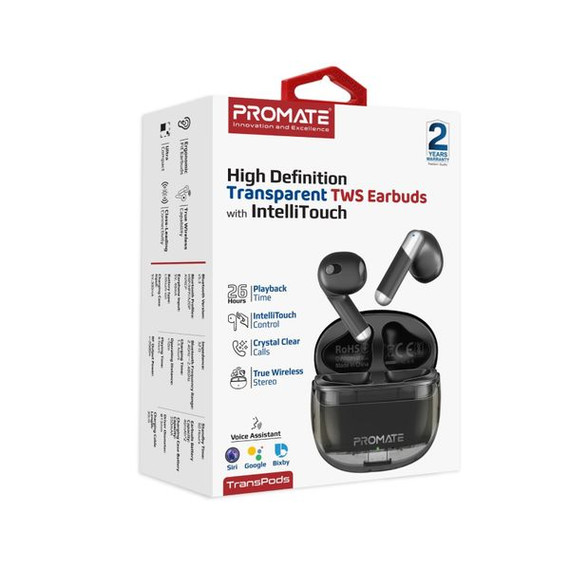 PROMATE In-Ear HD Bluetooth Earbud with Intellitouch & 300mAh Charging Case. Ergonomic Fit, up to 6-Hour Playback, 2x 40mAh Earphone Battery, Auto Pairing, Black Colour 