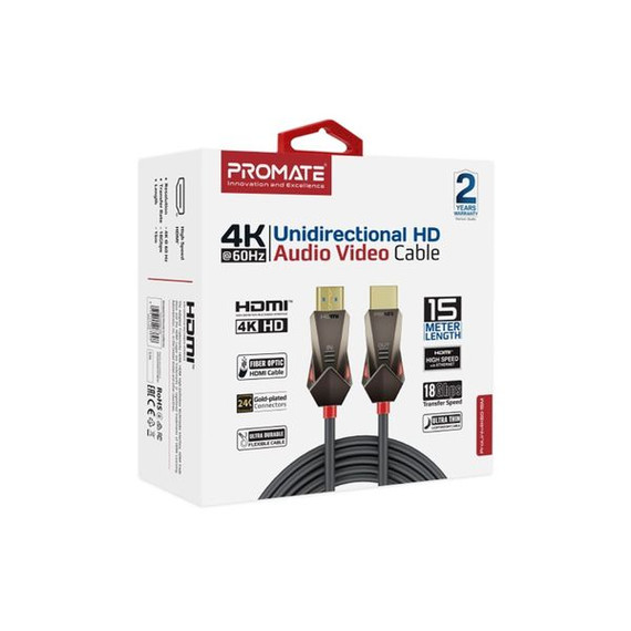PROMATE 15m Ultra-High Definition (UHD) 2.0 HDMI Cable. Supports 4K@60Hz (4096x2160). High-Speed Ethernet, Long Bend Lifespan, Supports 48-Bit Colour. Gold Plated Connectors. Black. PROMATE 15m Ultra-High Definition (UHD) 2.0 HDMI Cable. Supports 4K@60Hz (4096x2160). High-Speed Ethernet, Long Bend Lifespan, Supports 48-Bit Colour. Gold Plated Connectors. Black.