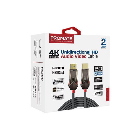 PROMATE 20m Ultra-High Definition (UHD) 2.0 HDMI Cable. Supports 4K@60Hz (4096x2160). High-Speed Ethernet, Long Bend Lifespan, Supports 48-Bit Colour. Gold Plated Connectors. Black.