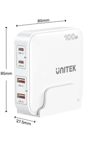 UNITEK 100W Desktop GaN Charging Station with 2x USB-C PD Ports & 2x USB-A QC3.0 Ports. Built-in Smart Protection. Includes Slim Cradle. Charge 4 Devices Simultaneously. 1.5m Power Cord. White Colour