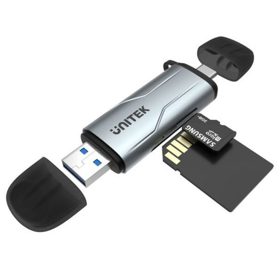 UNITEK 2-in-1 SD 3.0 Card Reader. Dual USB-A & USB-C Connectors. Supports 5Gbps Fast Trasfer Speed, Plug & Play, Alluminium Alloy Body, Space Grey. 