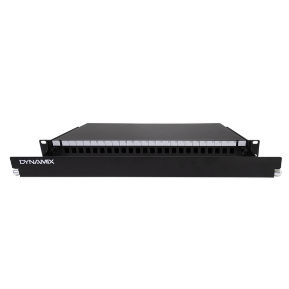 DYNAMIX 19'' 1U Fibre Patch Panel Unloaded 24 Port LC Duplex . Metal Ball Bearing Sliding Drawer. Black. Supplied with 2x 24 Port Splice Cassette, Cable Management Accessories & Cable Gland