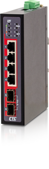 CTC UNION 4 Port Gigabit + 2x SFP Unmanaged Switch. -40C~+75C. 4x 10/100/1000Base-T, plus 2x 100/1000Base-X SFP (Total 6 ports). 4KV Surge Protection. Din Rail with Screws Included.