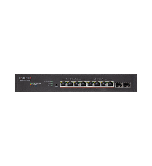 EDGECORE 10 Port Lite L2 Smart Gigabit Web Managed PoE Switch with 8 PoE Ports (90W) and 2 SFP Ports. 250W Power Budget. 6KV Power Surge Protection. Fan-Cooled Design.