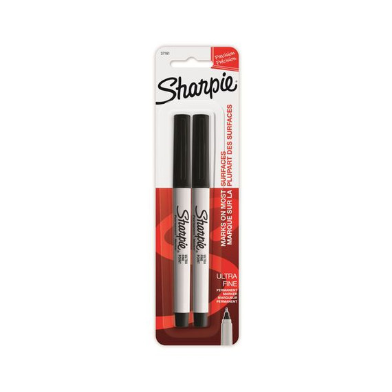 SHARPIE 2-Pack Ultra Fine Point Permanent Black Colour Marker. Permanent on most Surfaces. Quick Drying, Fade & Water-resistant Ink. Precise, Narrow Tip for Extreme Control. Non-toxic.