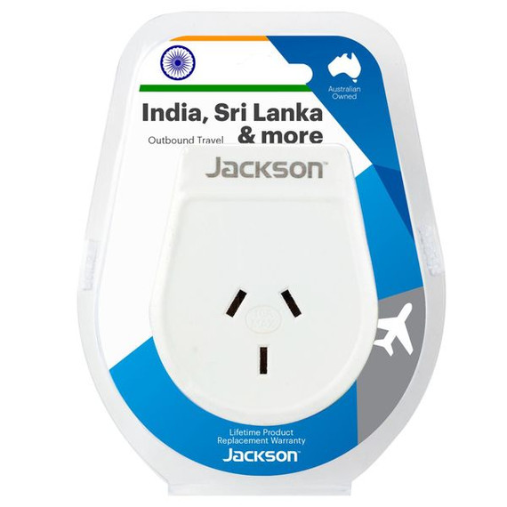 JACKSON Slim Outbound Travel Adaptor for use in Sri Lanka, Parts of India and Bangladesh. 3-Pin NZ/AUS Plugs.  