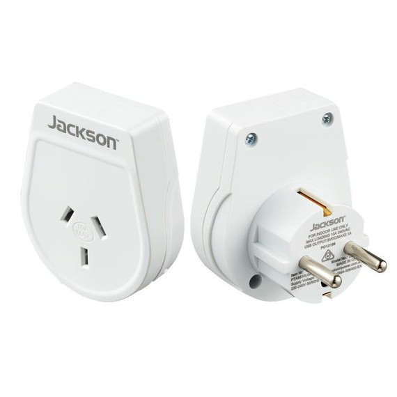 JACKSON Slim Outbound Travel Adaptor for use in Europe/Bali. 3-Pin NZ/AUS Plugs.   