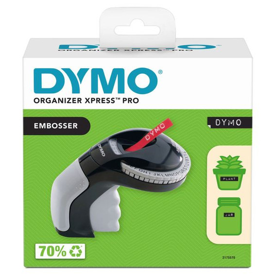 DYMO Organiser Express Embosser Label Maker. Ergonomic Design for Easy Use. Intuitive turn-and-click System. 49-Character Wheel. Easy Reload with Cassette Soft-touch Grip. Extra-long Life Construction.