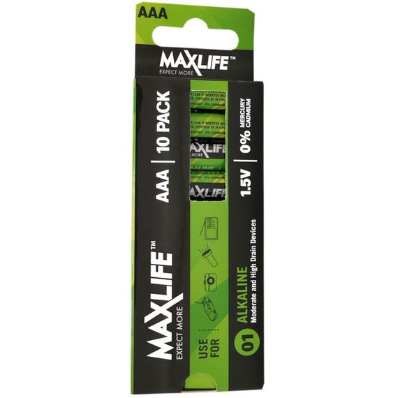 MAXLIFE AA A Alkaline Battery 10 Pack Long Lasting Alkaline Formula. Designed For Everyday and High Drainage Devices. Long Shelf Life. No Mercury or Cadmium. 