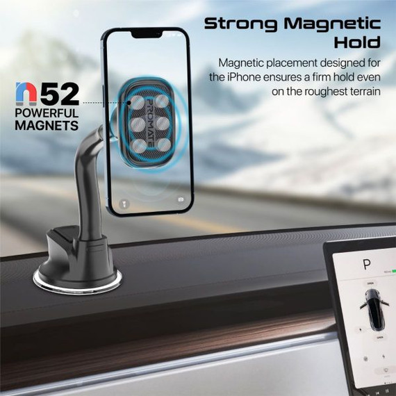 PROMATE 360 Degree Magnetic Universal Car Mount for Smartphones With Anti-Slip Suction Cup Designed for Both Windscreen & Dashboard. Flexible Gooseneck Mount, Metal Ring Included. Black Colour.