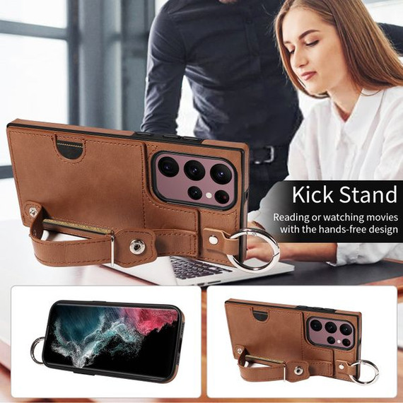 Samsung Galaxy S22 Ultra      Hand Strap PU Card Case    Brown