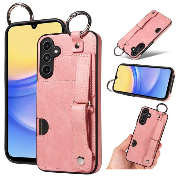 Samsung Galaxy A15 Hand Strap PU Card Case Pink Samsung Galaxy A15 Hand Strap PU Card Case Pink