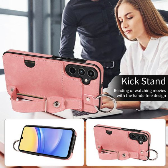 Samsung Galaxy A15 Hand Strap PU Card Case Pink Samsung Galaxy A15 Hand Strap PU Card Case Pink
